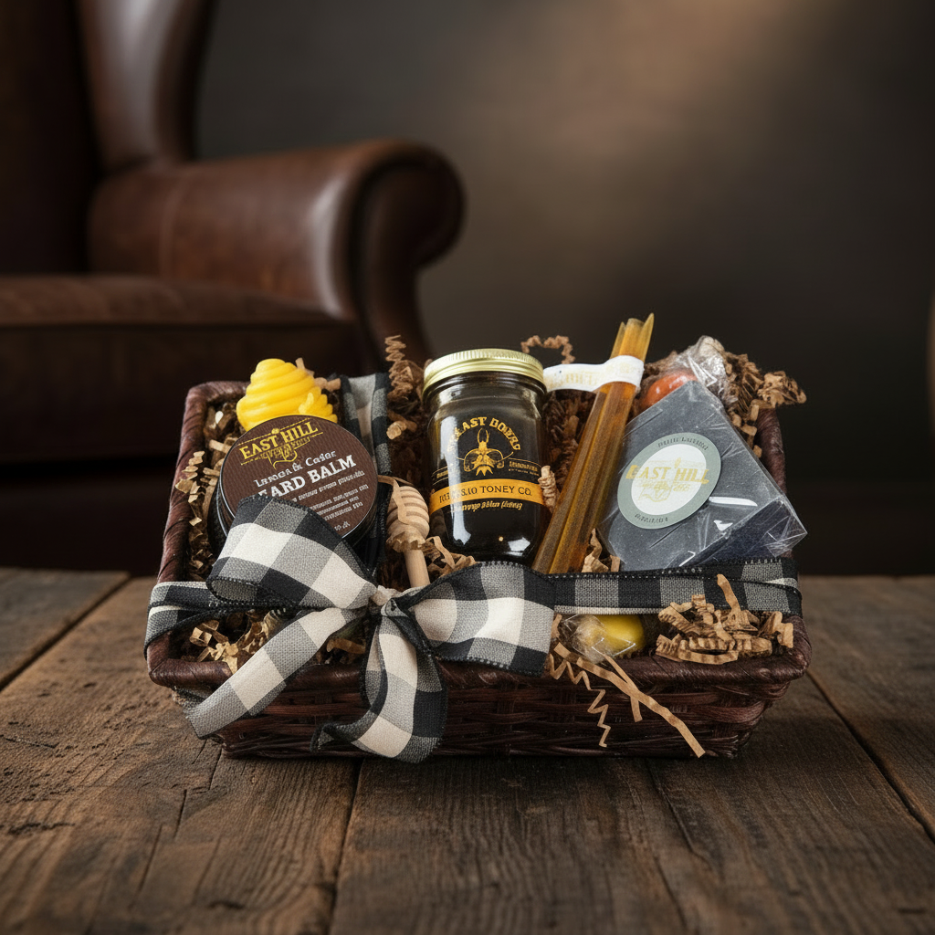A gift basket containing a jar of honey, a beeswax beard balm, a handmade charcoal soap bar, orange blossom honey straws, a beeswax candle, a wooden dipper stick, and candy. The items are arranged in a basket with a black and white plaid ribbon.