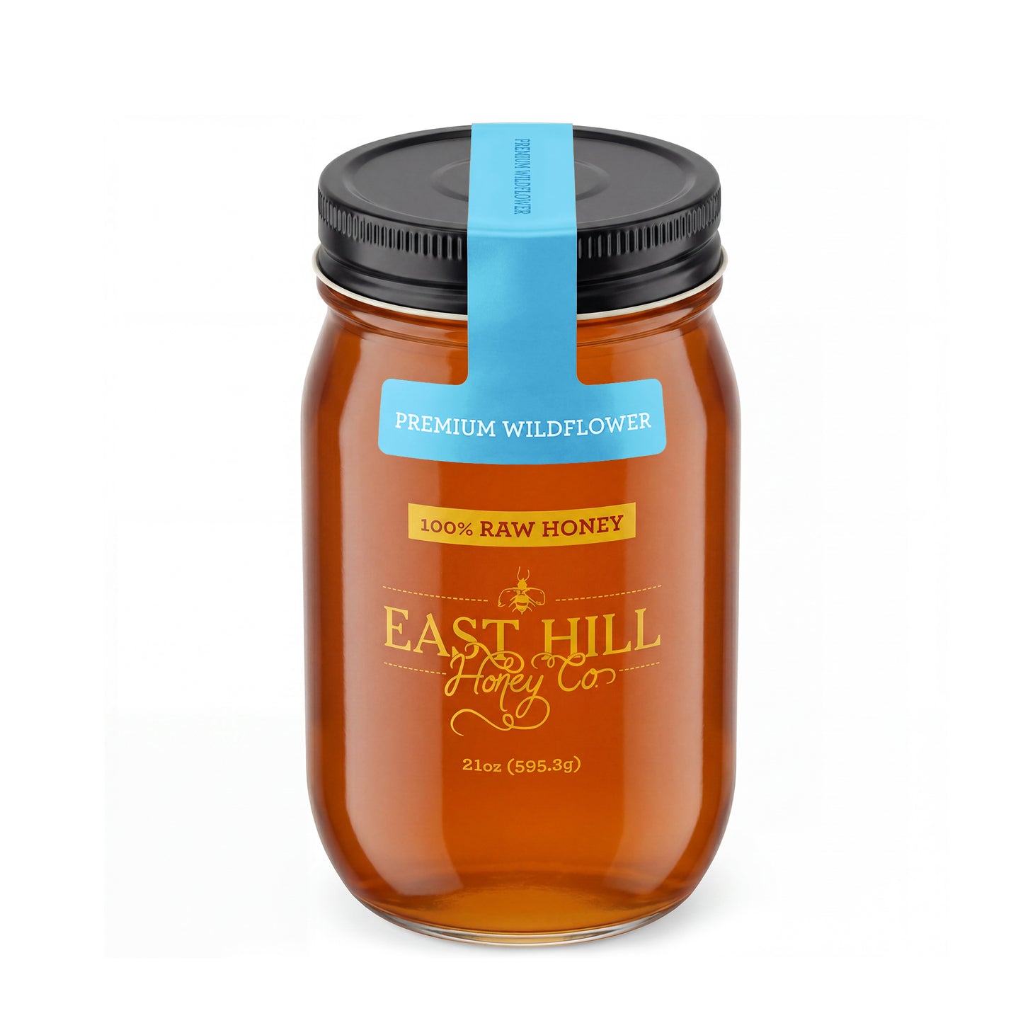 Florida Premium Wildflower Honey (Gallberry) in a 21oz Mason jar with blue hangtag — East Hill Honey Co., Pensacola FL