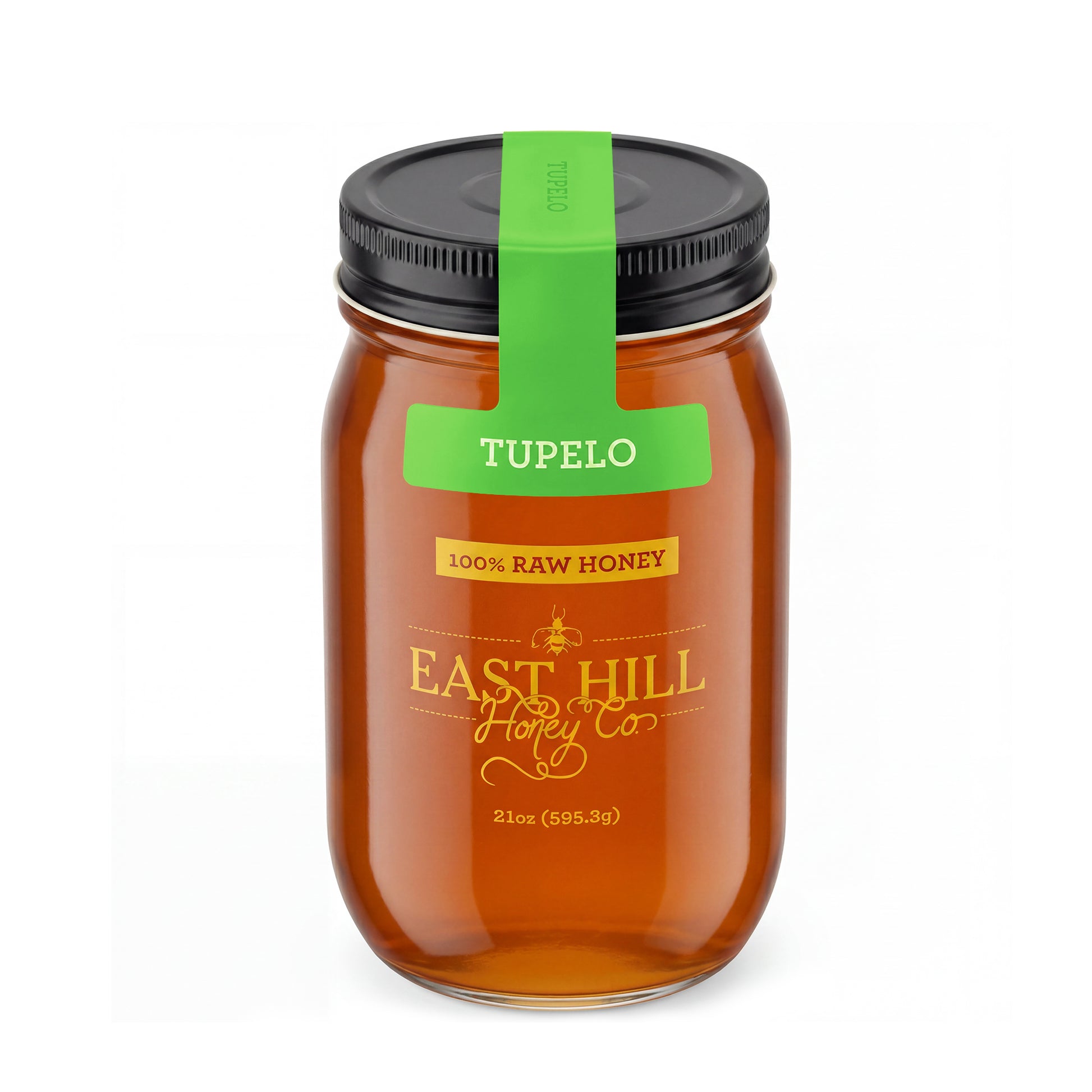 Florida Tupelo Honey in a 21oz Mason jar with green hangtag — East Hill Honey Co., Pensacola FL