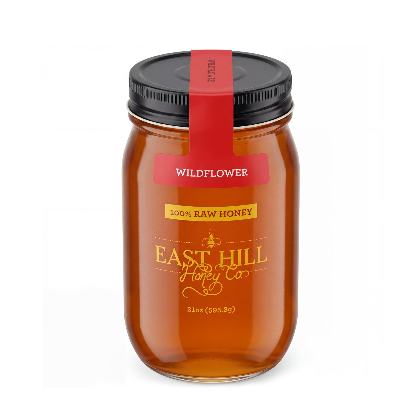 Florida Wildflower Honey in a 21oz Mason jar with red hangtag — East Hill Honey Co., Pensacola FL